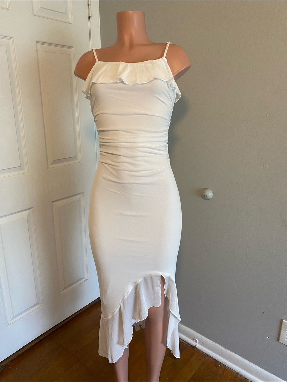 Cream High-Low Ruffle Midi Dress with Spaghetti Straps